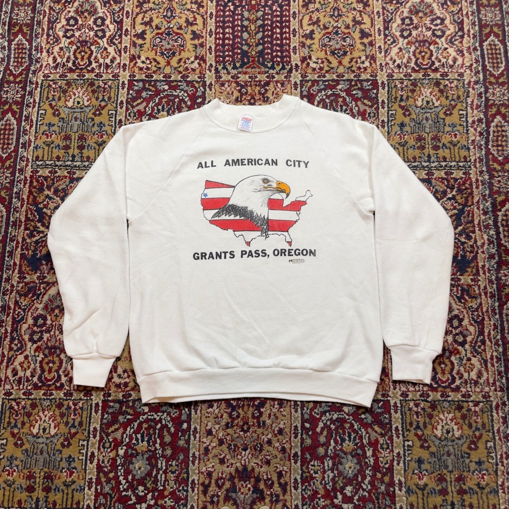 VTG 80s Jerzees All American City Grants Pass Oregon Eagle Sweatshirt USA White